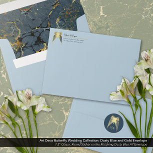 Art Deco Butterfly Dusty Blue and Gold Wedding  Envelope