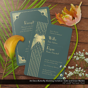 Art Deco Butterfly Green and Gold Wedding Invitation