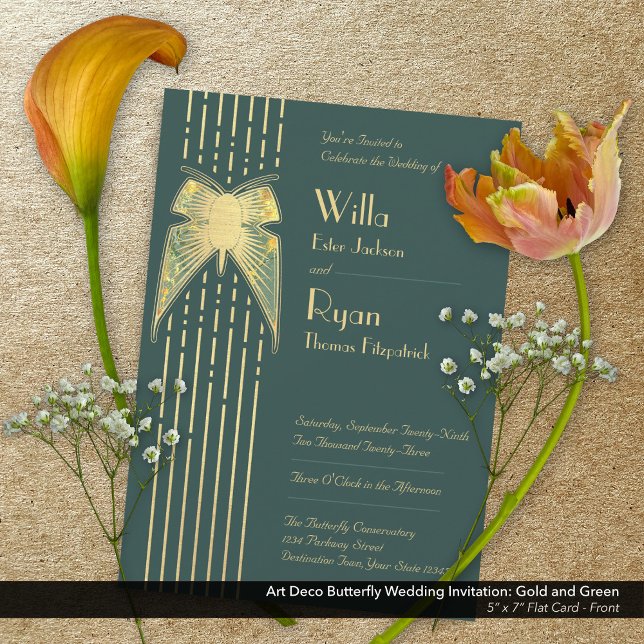 Art Deco Butterfly Green and Gold Wedding  Invitation (Art Deco Butterfly Green and Gold Wedding Invitation - Front)