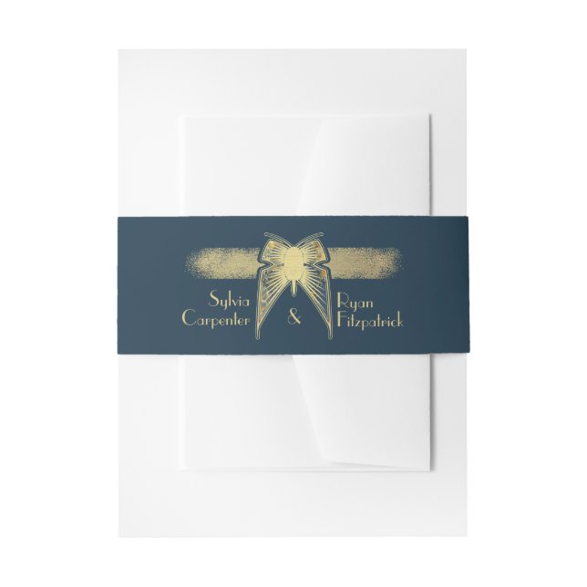 Art Deco Butterfly Monogram Blue and Gold Wedding Invitation Belly Band (Front Example)