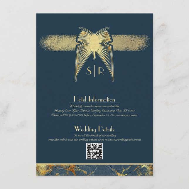 Art Deco Butterfly Monogram Blue Gold Wedding Enclosure Card (Front)