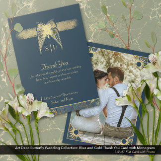 Art Deco Butterfly Monogram Photo Blue Gold Flat Thank You Card