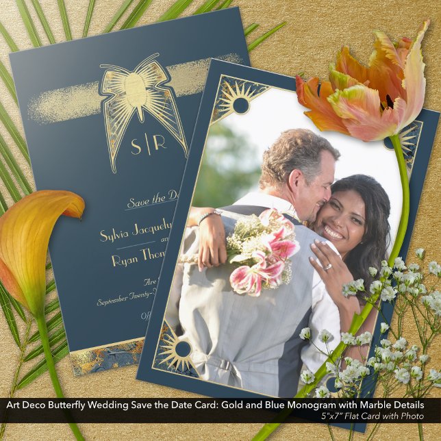 Art Deco Butterfly Monogram Photo Blue Gold  Save The Date (Art Deco Butterfly Save the Date Card with Monogram: Photo Card)