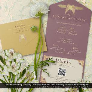 Art Deco Butterfly Monogram Pink Gold Wedding All In One Invitation
