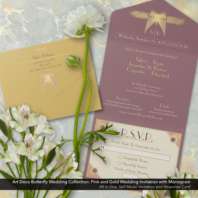 Art Deco Butterfly Monogram Pink Gold Wedding  All In One Invitation (Art Deco Butterfly All In One Wedding Invitation: Antique Gold and Dusty Pink/Mauve with Monogram.)