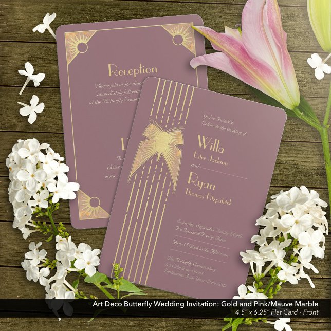 Art Deco Butterfly Pink and Gold Wedding  Invitation (Art Deco Butterfly Pink and Gold Wedding Invitation - Front)
