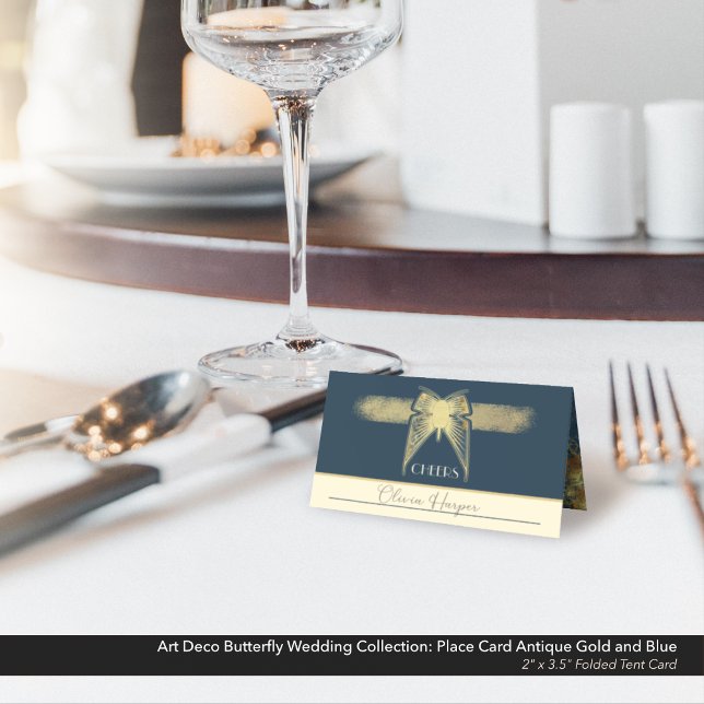Art Deco Butterfly Wedding Antique Gold Blue Tent Place Card (Art Deco Butterfly Wedding Place Card Antique Gold and Blue with Marble Details.)