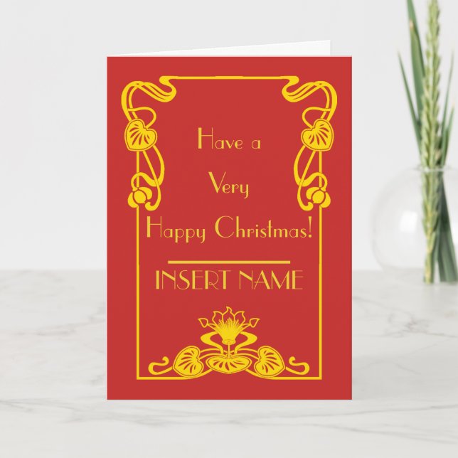 Art Deco Calligraphy Red Gold Christmas Card (Front)