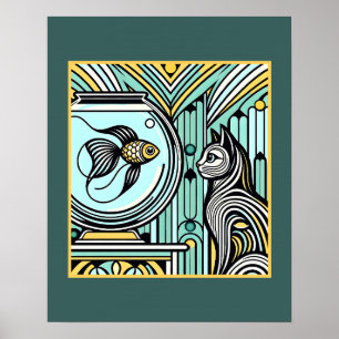 Art Deco Cat and Fish Encounter - Curious Eyes Poster