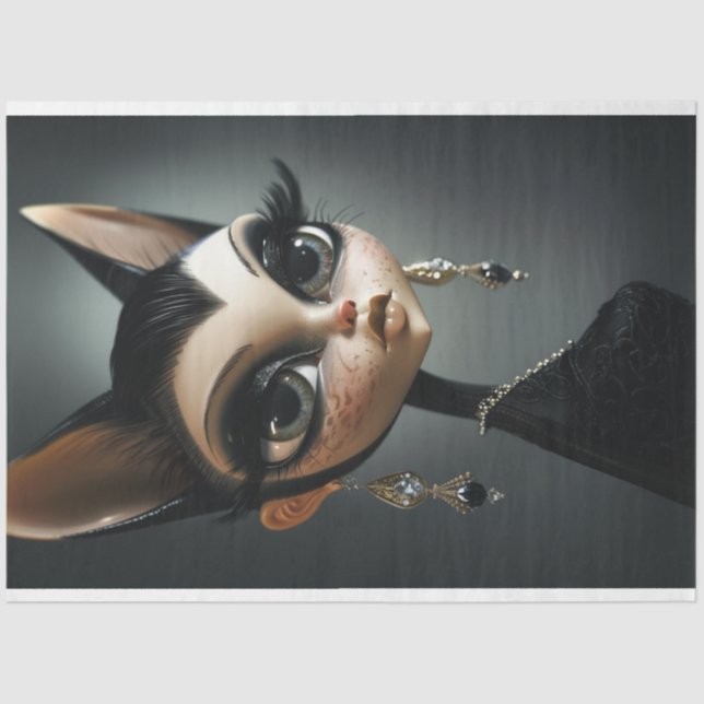 Art Deco Cat Black Long Lashes Decoupage Tissue Paper (Front)