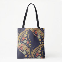 Art Deco Cat Floral Pattern Tote Bags