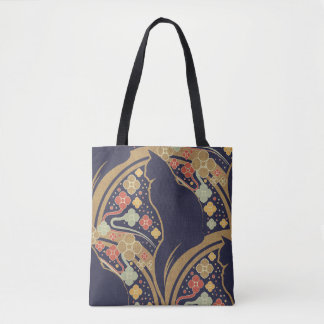 Art Deco Cat Floral Pattern Tote Bags