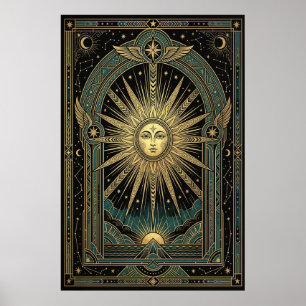 Art Deco Celestial Sun Face Poster   Gold Teal