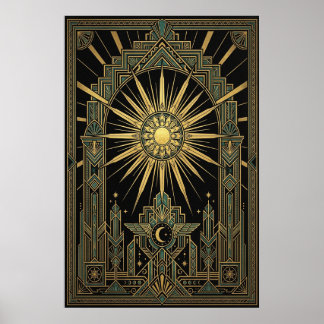 Art Deco Celestial Sun & Moon Poster | Gold Geomet