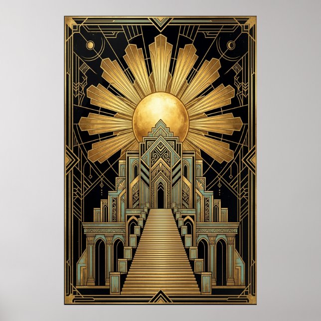 Art Deco Celestial Temple Poster | Gold Sunburst  (Front)