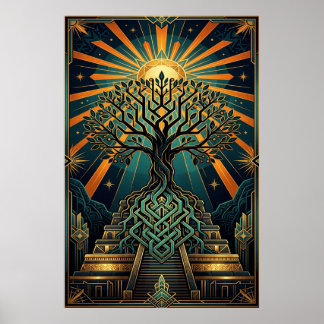 Art Deco Celtic Tree of Life Pyramid Gold Teal Poster