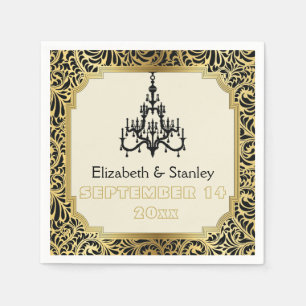Art Deco chandelier black, gold damask wedding Napkin