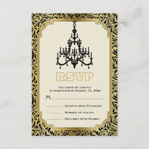 Art Deco chandelier black, gold wedding RSVP Card