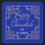 Art Deco Chanukkah  Blue and Gold Design Square Sticker<br><div class="desc">"Chanukah Happy/Gold" Stickers Square. Have fun using these stickers as cake toppers, gift tags, favour bag closures, or whatever rocks your festivities! Background colour can be changed by selecting a different colour from colour swatches. Personalise by deleting text, and adding your own words, using your favourite font style, size, and...</div>