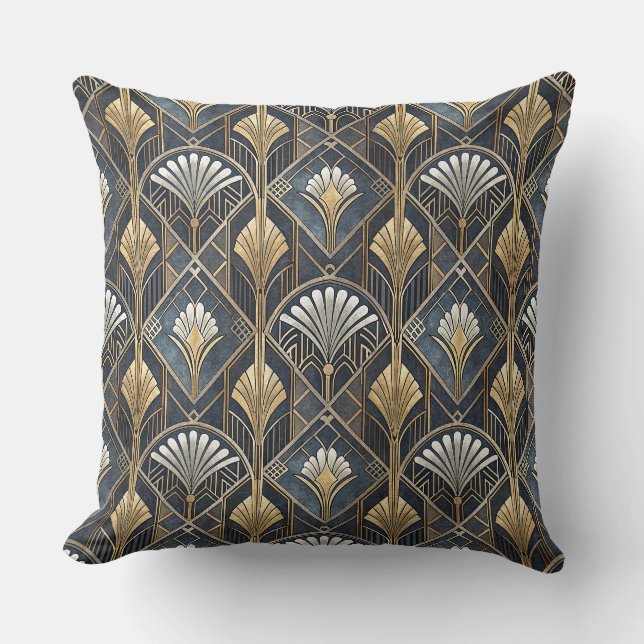 Art Deco Charcoal Black & Gold Geometric Pattern Cushion (Front)