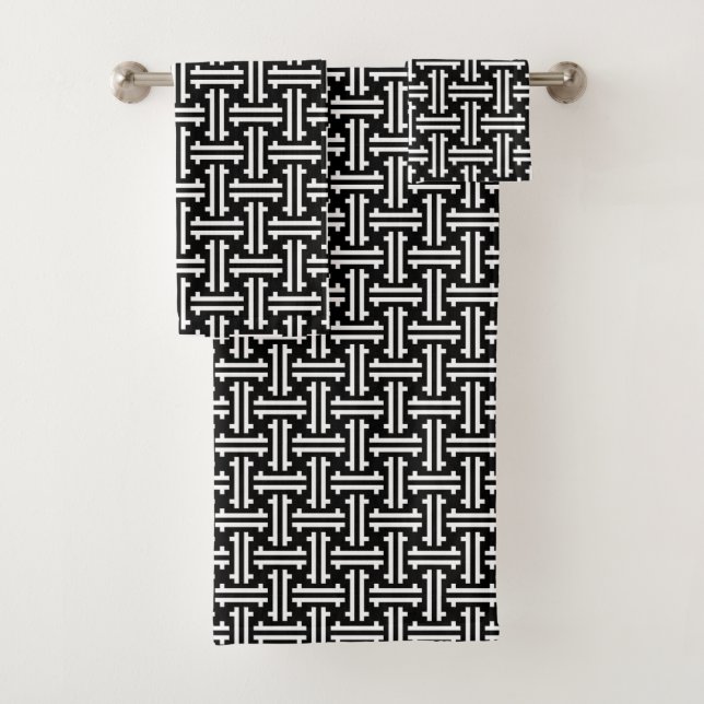 Art Deco Chinese Fret, Black and White Bath Towel Set (Insitu)