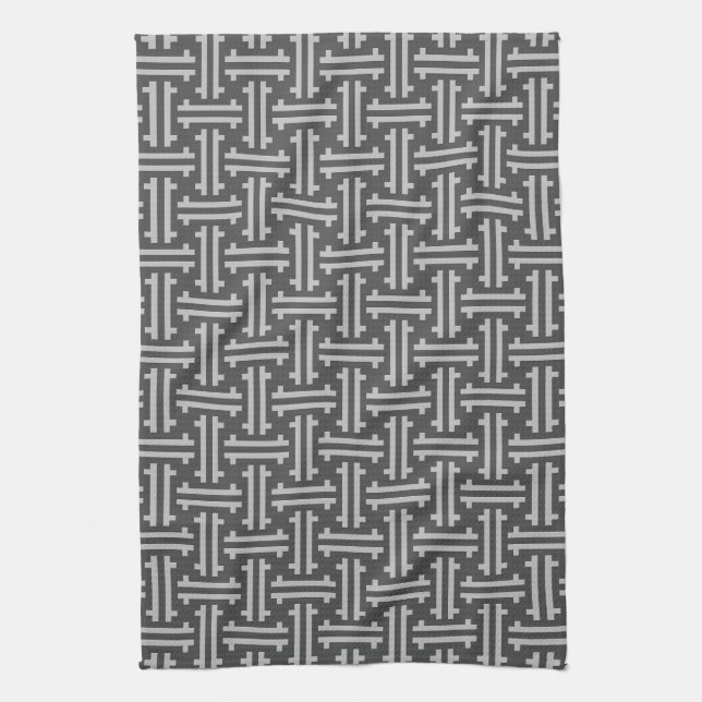 Art Deco Chinese Fret, Silver and Graphite Grey Ki Tea Towel (Vertical)
