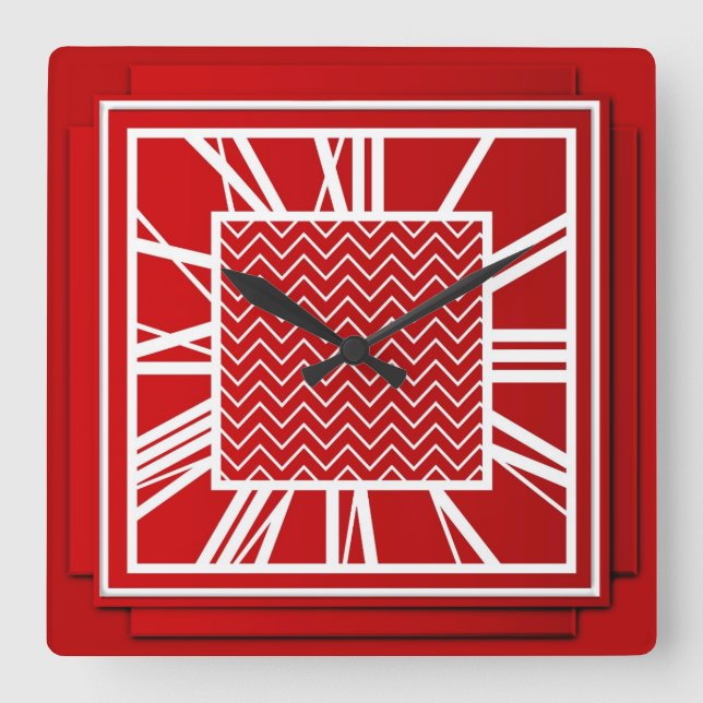 Art Deco, Chinese red Square Wall Clock (Front)