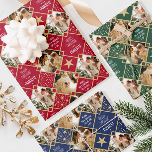 Art Deco Christmas Custom Photos Red Green Blue 3 Wrapping Paper Sheet