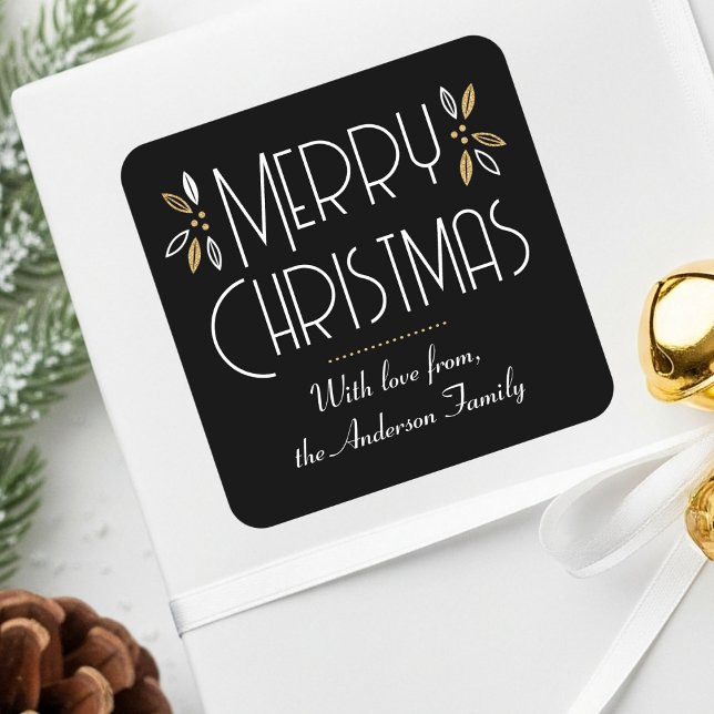 Art Deco Christmas Elegant Typography Black Gold Square Sticker (Creator Uploaded)