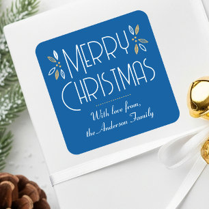 Art Deco Christmas Elegant Typography Blue Gold Square Sticker