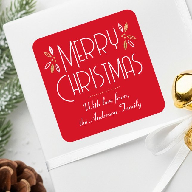 Art Deco Christmas Elegant Typography Red Gold Square Sticker (Creator Uploaded)