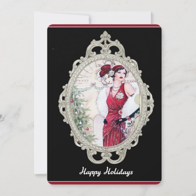Art Deco Christmas Flapper Woman in Red Invitation (Front)