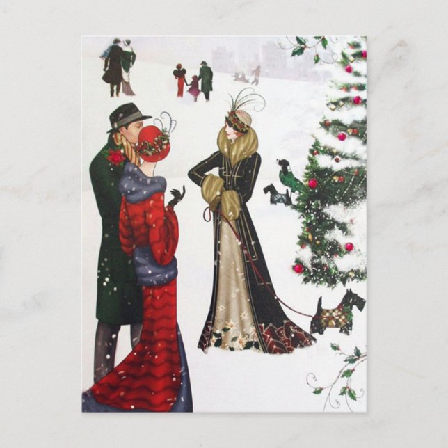 Art deco Christmas people Holiday vintage postcard (Front)