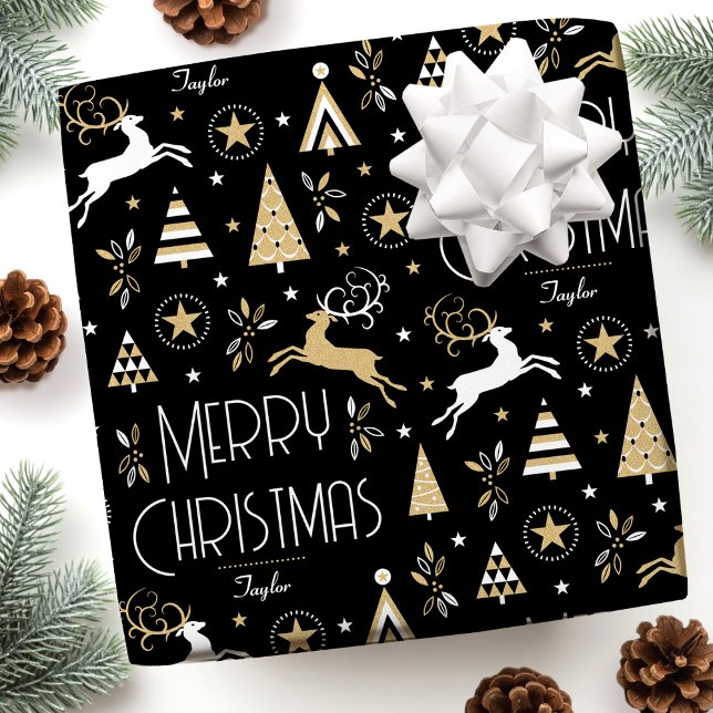 Art Deco Christmas Reindeer Custom Name Black Gold Wrapping Paper (Creator Uploaded)