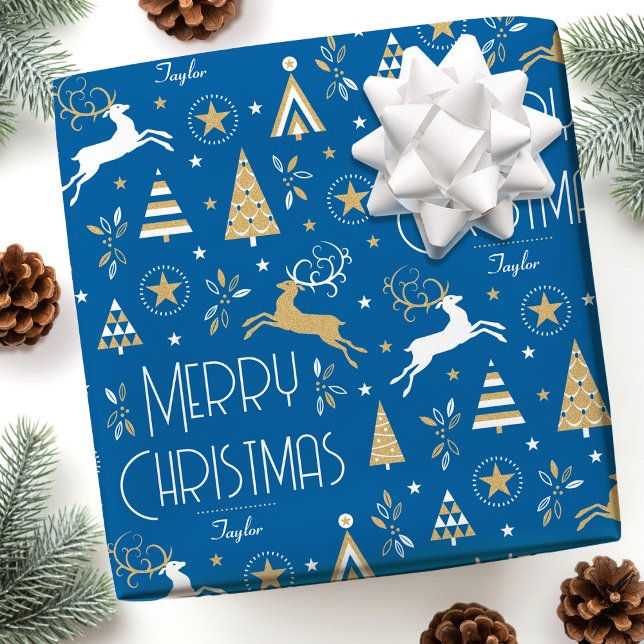Art Deco Christmas Reindeer Custom Name Blue Gold Wrapping Paper (Creator Uploaded)