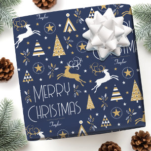 Art Deco Christmas Reindeer Custom Name Dark Blue Wrapping Paper