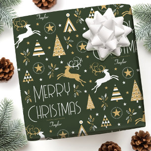 Art Deco Christmas Reindeer Custom Name Dark Green Wrapping Paper