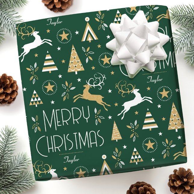 Art Deco Christmas Reindeer Custom Name Green Wrapping Paper (Creator Uploaded)