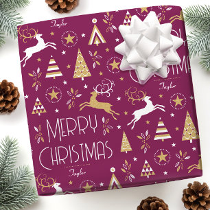 Art Deco Christmas Reindeer Custom Name Plum Gold Wrapping Paper