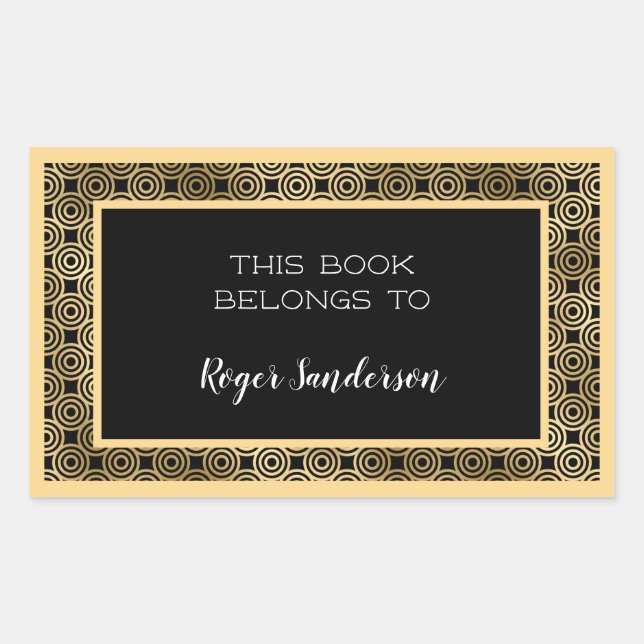Art Deco Circles Black and Gold Foil Bookplate Rectangular Sticker (Front)