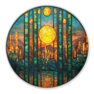   Art Deco Cityscape Setting Sun Mountains  Ceramic Knob