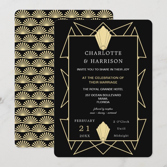 Art Deco Classy Black Gold Wedding Invitation (Front/Back)