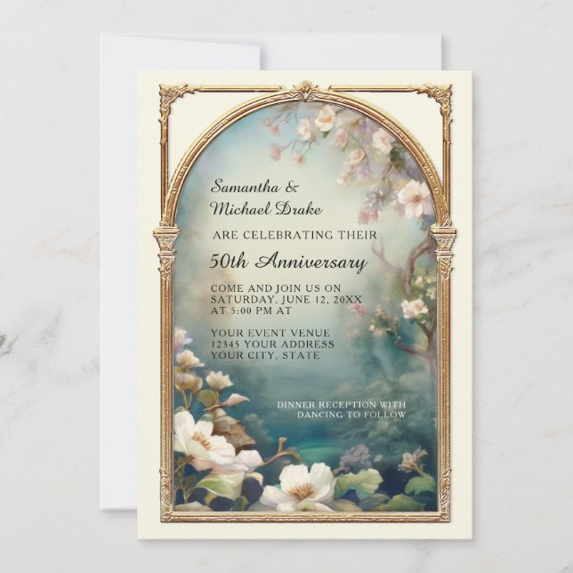 Art Deco Classy Flower Gold Photo 50TH Anniversary Invitation (Front)