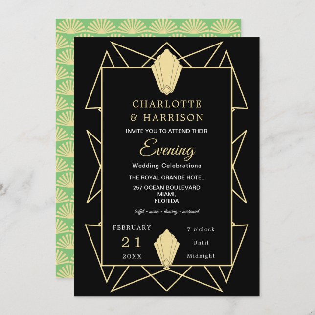 Art Deco Classy Green Gold Evening Wedding Invitation (Front/Back)