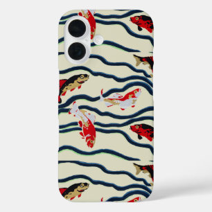 Art Deco Colourful Carp Swimming Navy Decor iPhone 16 Case