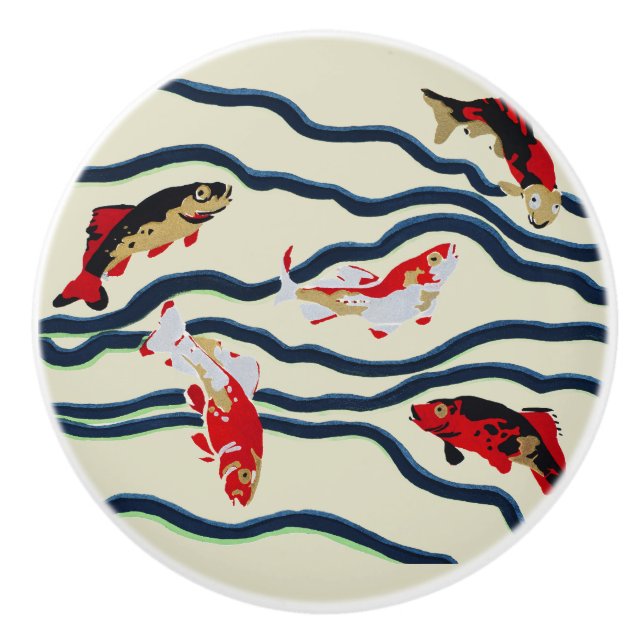 Art Deco Colourful Carp Swimming Navy Decor Ceramic Knob (Front)