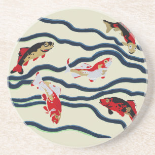 Art Deco Colourful Carp Swimming Navy Decor Coaster