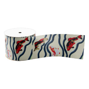 Art Deco Colourful Carp Swimming Navy Decor Grosgrain Ribbon
