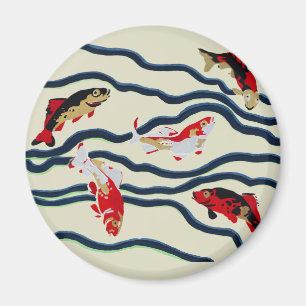 Art Deco Colourful Carp Swimming Navy Decor Magnet