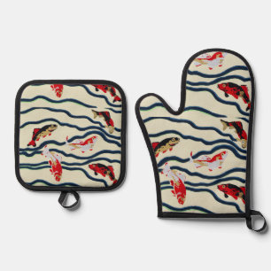 Art Deco Colourful Carp Swimming Navy Decor Oven Mitt & Pot Holder Set